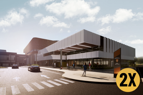 a render of the new Eye Institute, with a gold circle with '2X' written in it