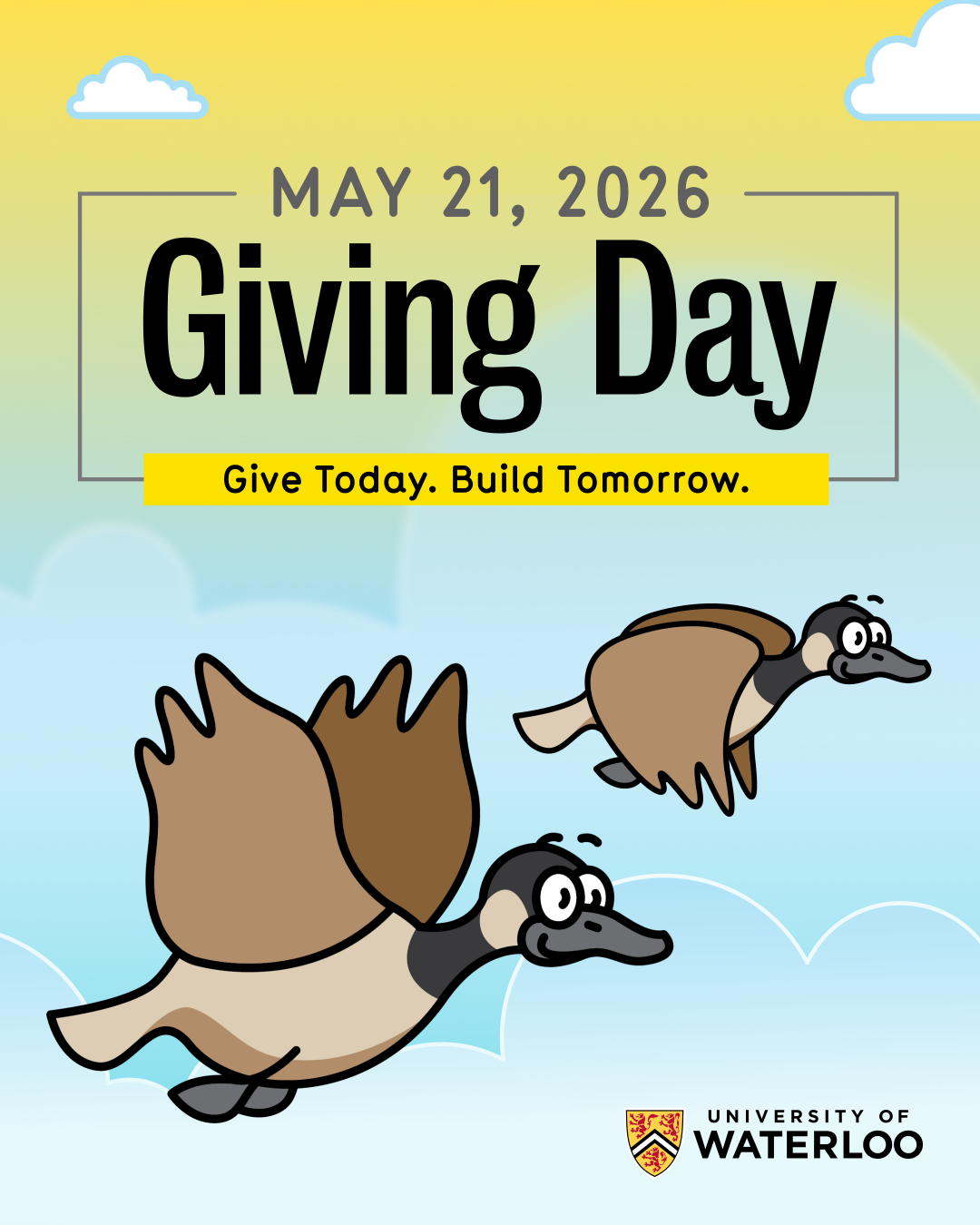 two cartoon geese flying with the words Giving Day: Give Today. Build Tomorrow, and the date May 21, 2026. The image is sized for Instagram Feeds