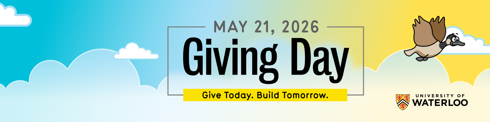 two cartoon geese flying with the words Giving Day: Give Today. Build Tomorrow, and the date May 21, 2026. The image is sized for a LinkedIn banner
